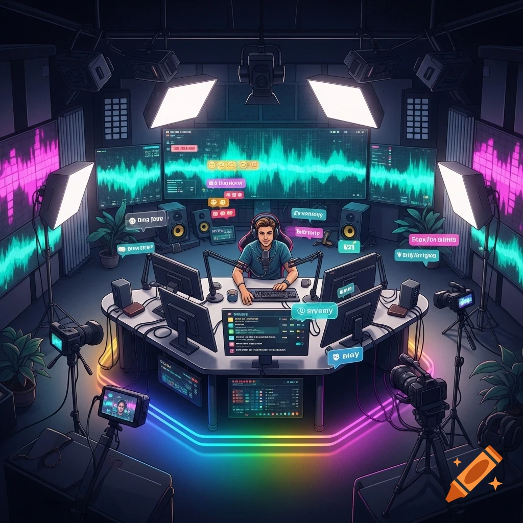 A man wearing headphones streams live from a neon-lit studio with multiple screens showing sound waves and chat bubbles, in a digital art style.