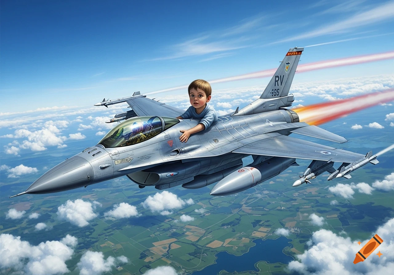 A young child rides atop a silver F-16 fighter jet, flying high above a cloudy sky and green landscape.