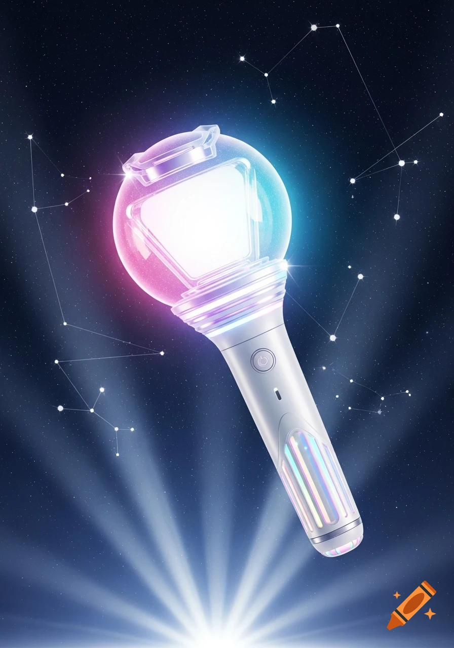 A glowing, iridescent K-pop lightstick against a starry night sky with constellations and a bright light below.