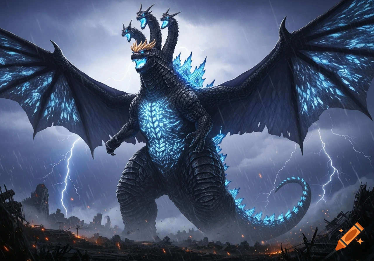 Giant multi-headed, winged Godzilla-like monster with glowing blue features stands in a destroyed city under a stormy, lightning-filled sky.