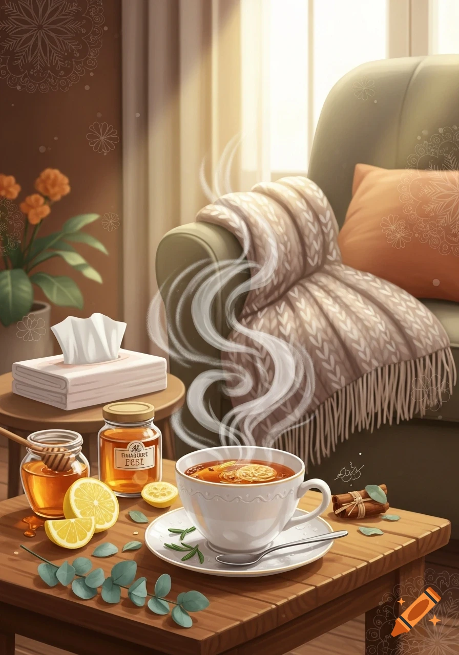 A cozy digital painting of a steaming tea cup, honey, lemons, and tissues on a table beside an armchair with a blanket.