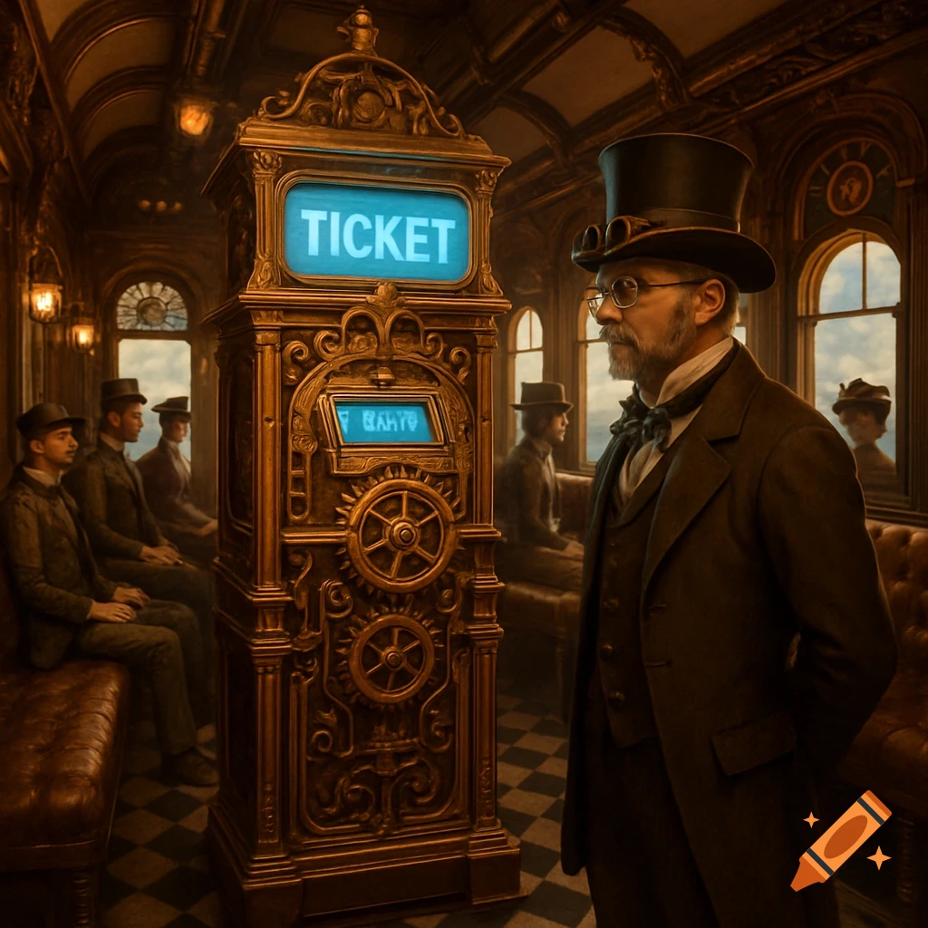 Steampunk train carriage with an ornate golden ticket machine and a man in a top hat looking at it. Other passengers are seated.