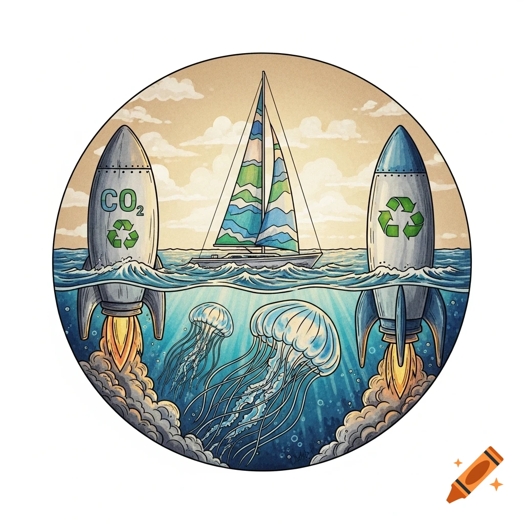 A circular illustration with a sailboat, two rockets launching from the ocean (one with CO M2, one with recycling symbol), and jellyfish below.