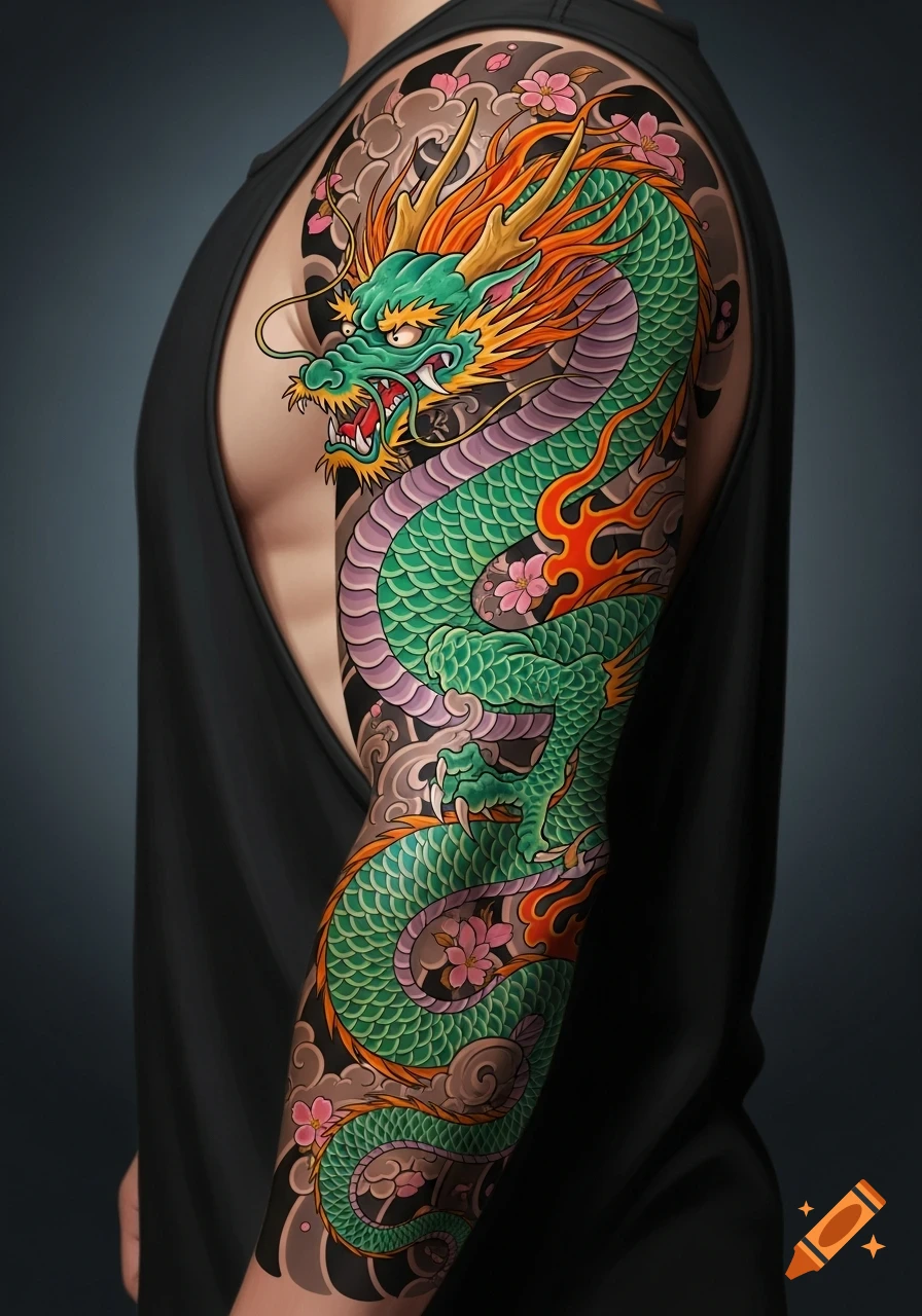 A vibrant Japanese-style green dragon tattoo with cherry blossoms and clouds covers a person's arm and shoulder.