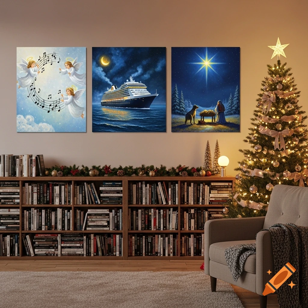 A cozy, warm room decorated for Christmas with a large, lit Christmas tree, a comfortable armchair, and a bookshelf with three paintings above it: singing angels with musical notes, a cruise ship, and a nativity scene with a shining star.