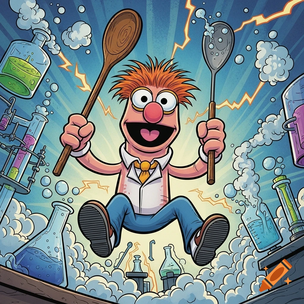 Beaker from the Muppet Show, holding a wooden spoon and a slotted spoon, jumps excitedly amidst bubbling beakers and lightning in a vibrant comic style.