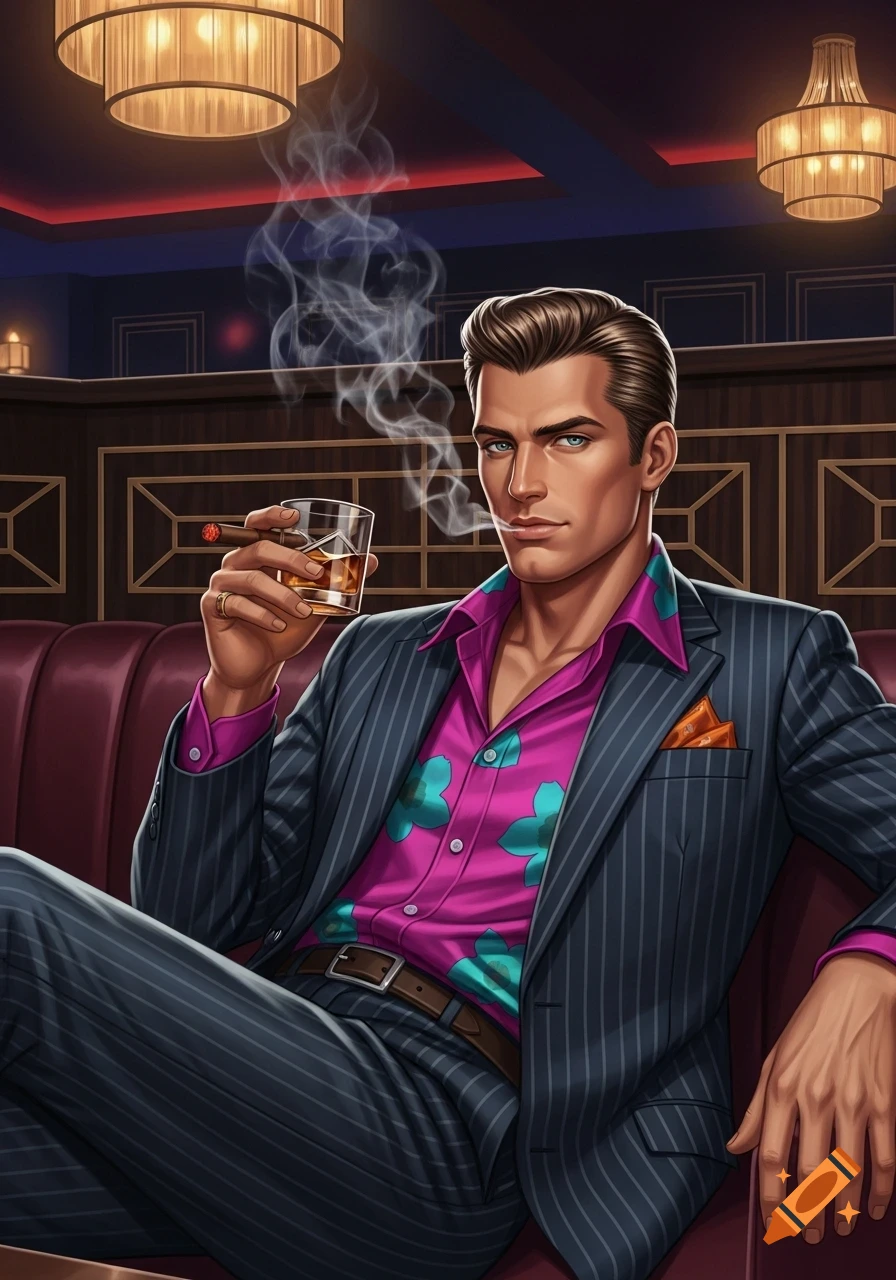 An illustrative character of a man in a pinstripe suit and pink floral shirt, smoking a cigar and holding a drink in an upscale bar.
