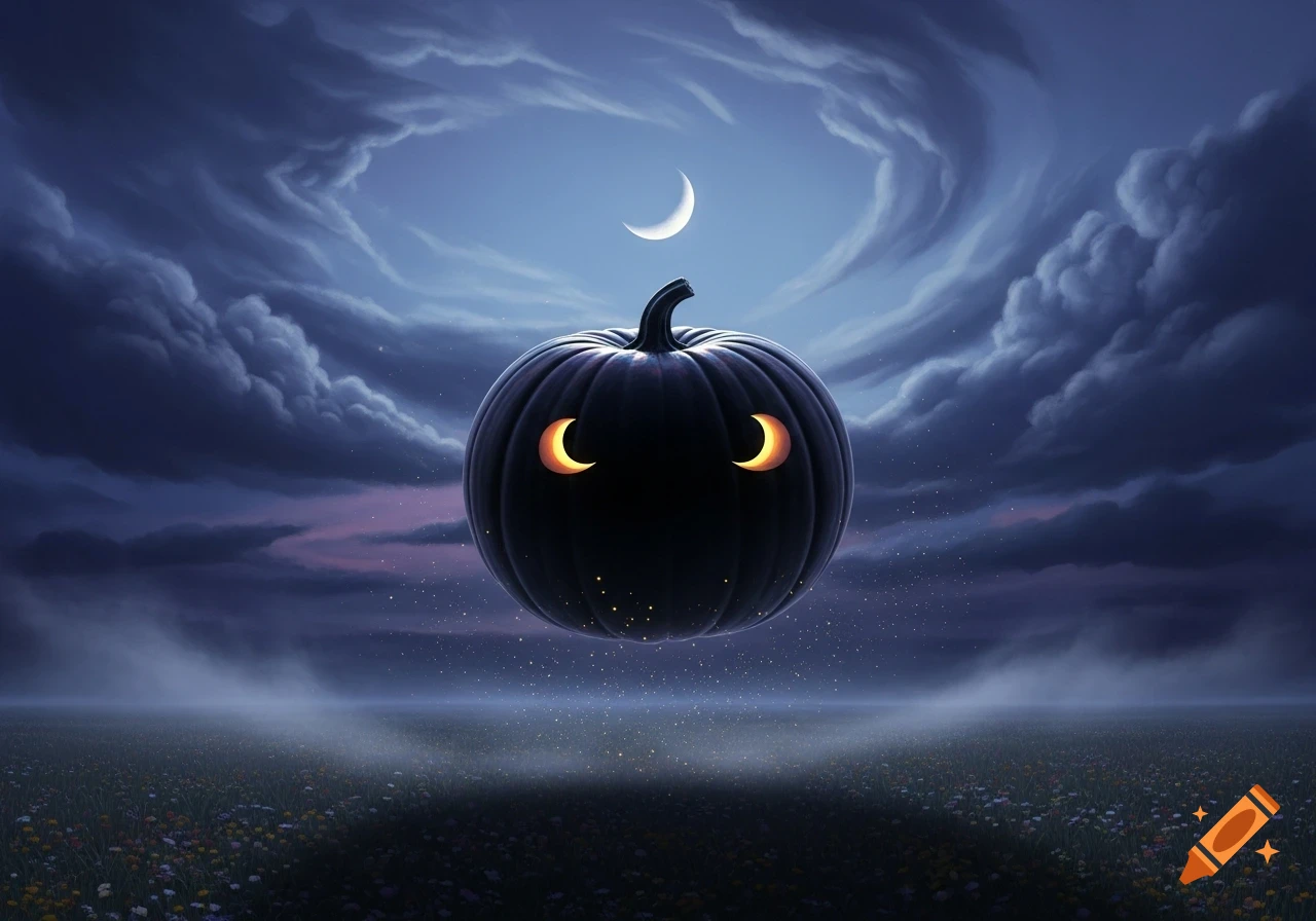 A black pumpkin with glowing crescent moon eyes floats above a field of ...