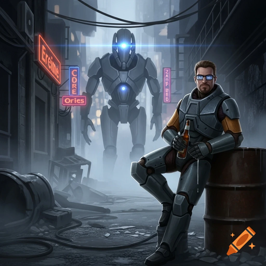 Gordon Freeman in a futuristic suit drinks a beer in a misty alley, a large robot looming behind him, surrounded by neon signs.