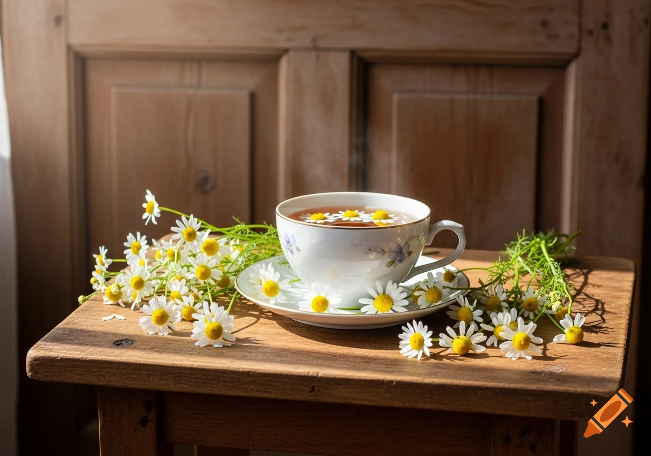A cup of herbal tea with chamomile flowers on a rustic wooden table in soft daylight, creating a cozy vibe.