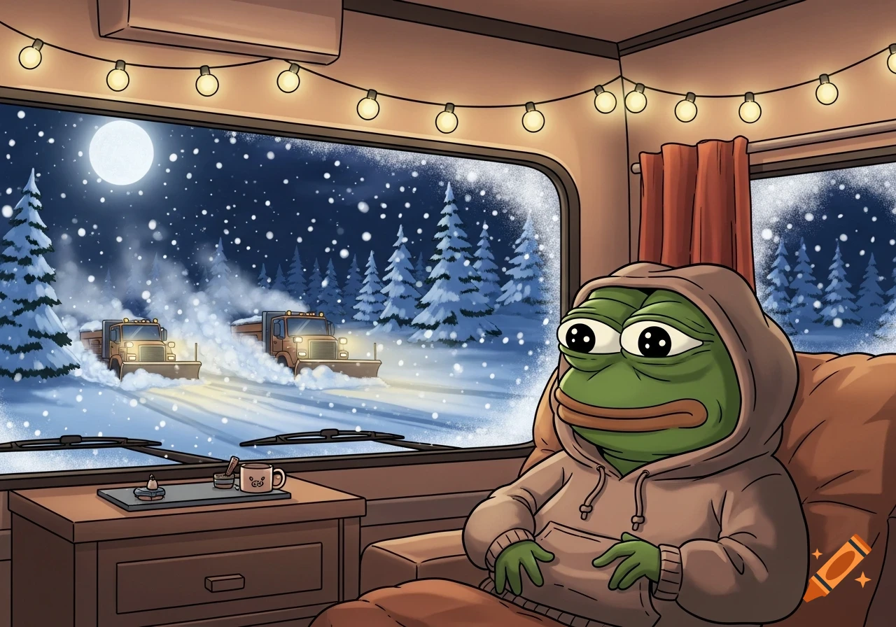 A cartoon Pepe the frog sits in an RV, watching snow plow trucks clear a snowy road at night.