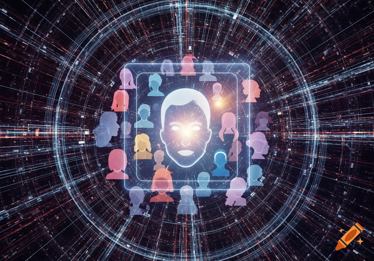 Glowing, gender-neutral face surrounded by diverse profile icons in a digital network, symbolizing unbiased AI.