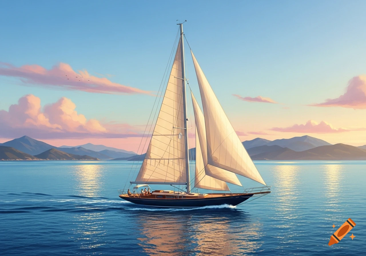 A sailboat glides on calm blue water with mountains in the background under a pastel pink and blue sky, digital painting.