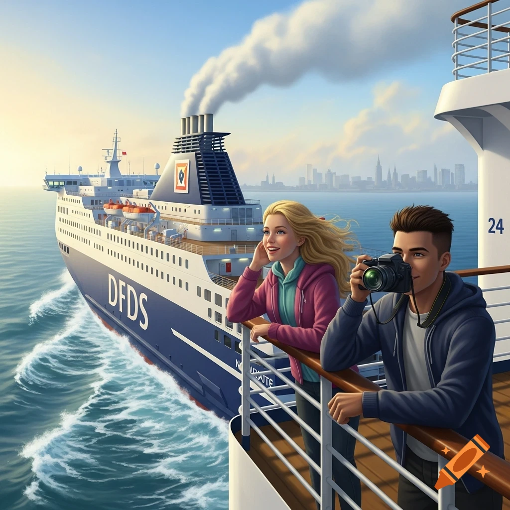 Illustrated image of a young couple on a DFDS ferry, man taking photos, woman looking out, with a city skyline in the background.