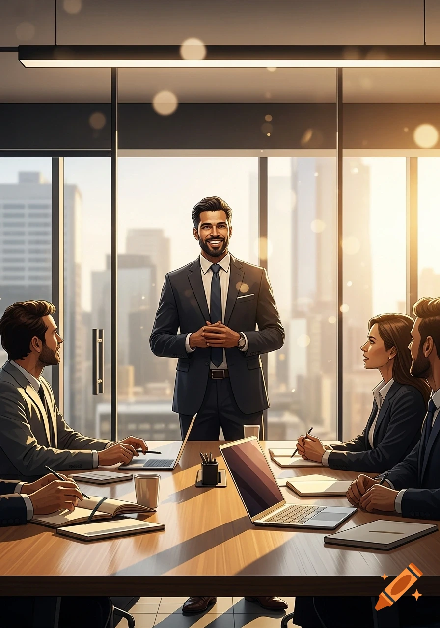 A confident man in a suit leads a business meeting in a modern office with a city skyline view.