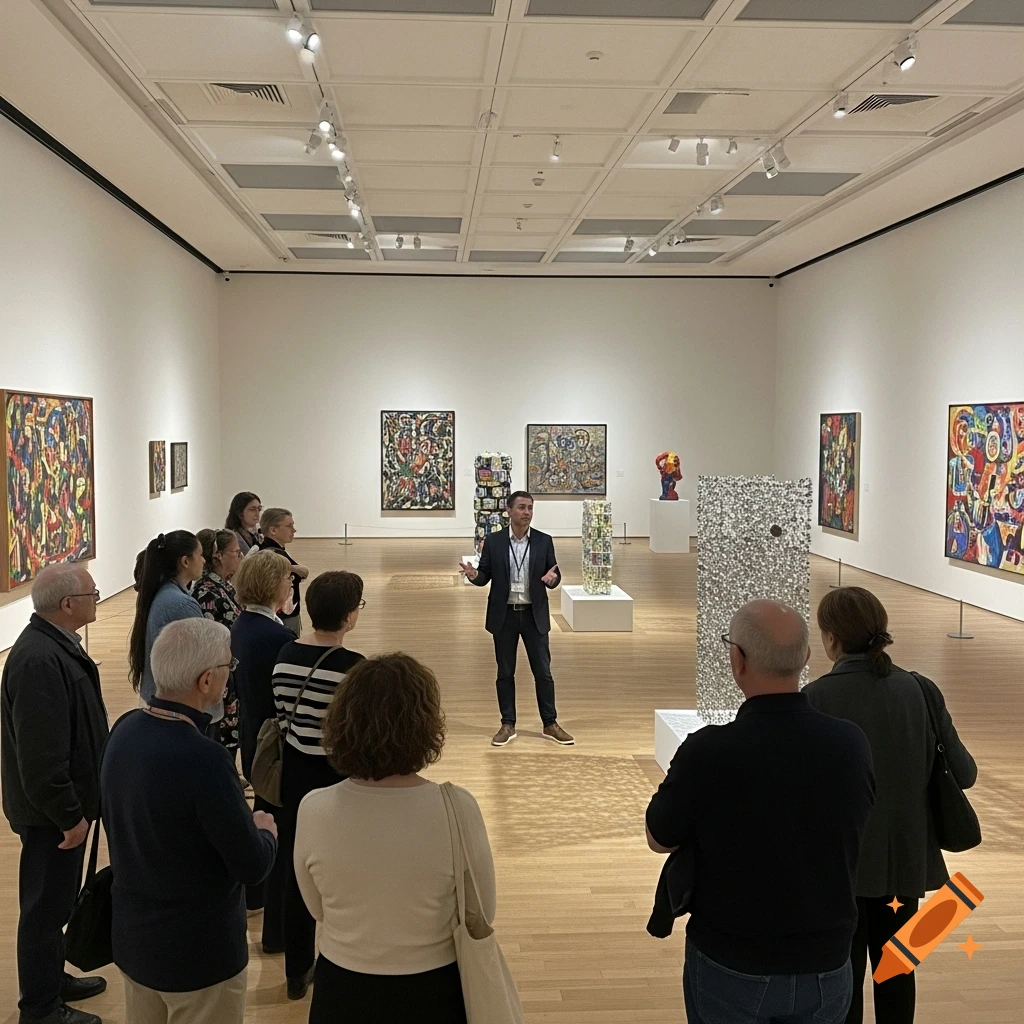 A group of visitors listening to a guide in a modern art museum filled with colorful abstract paintings and sculptures.