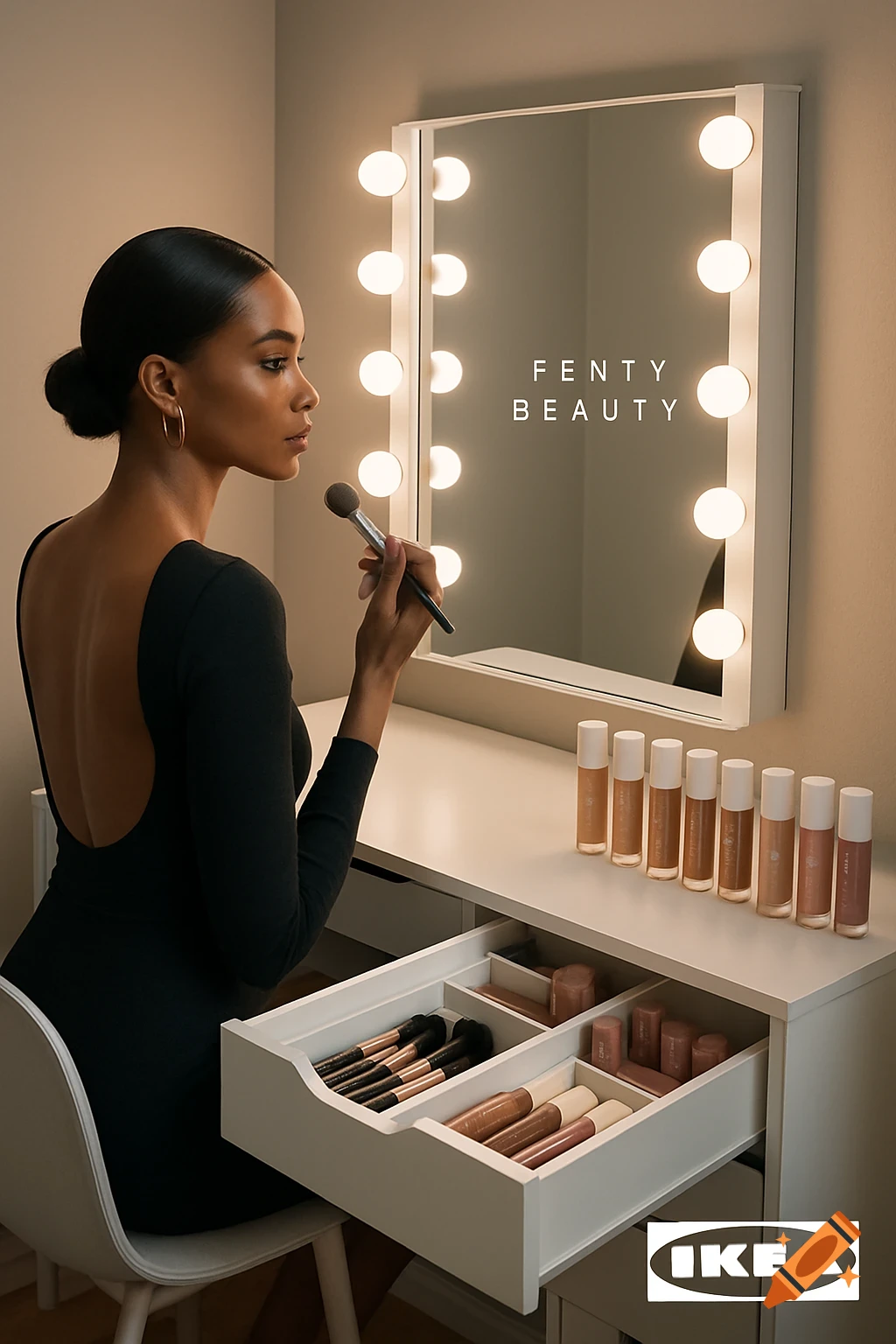 Stylish woman applying makeup at a modern IKEA vanity with Fenty Beauty products, showing organized drawers.
