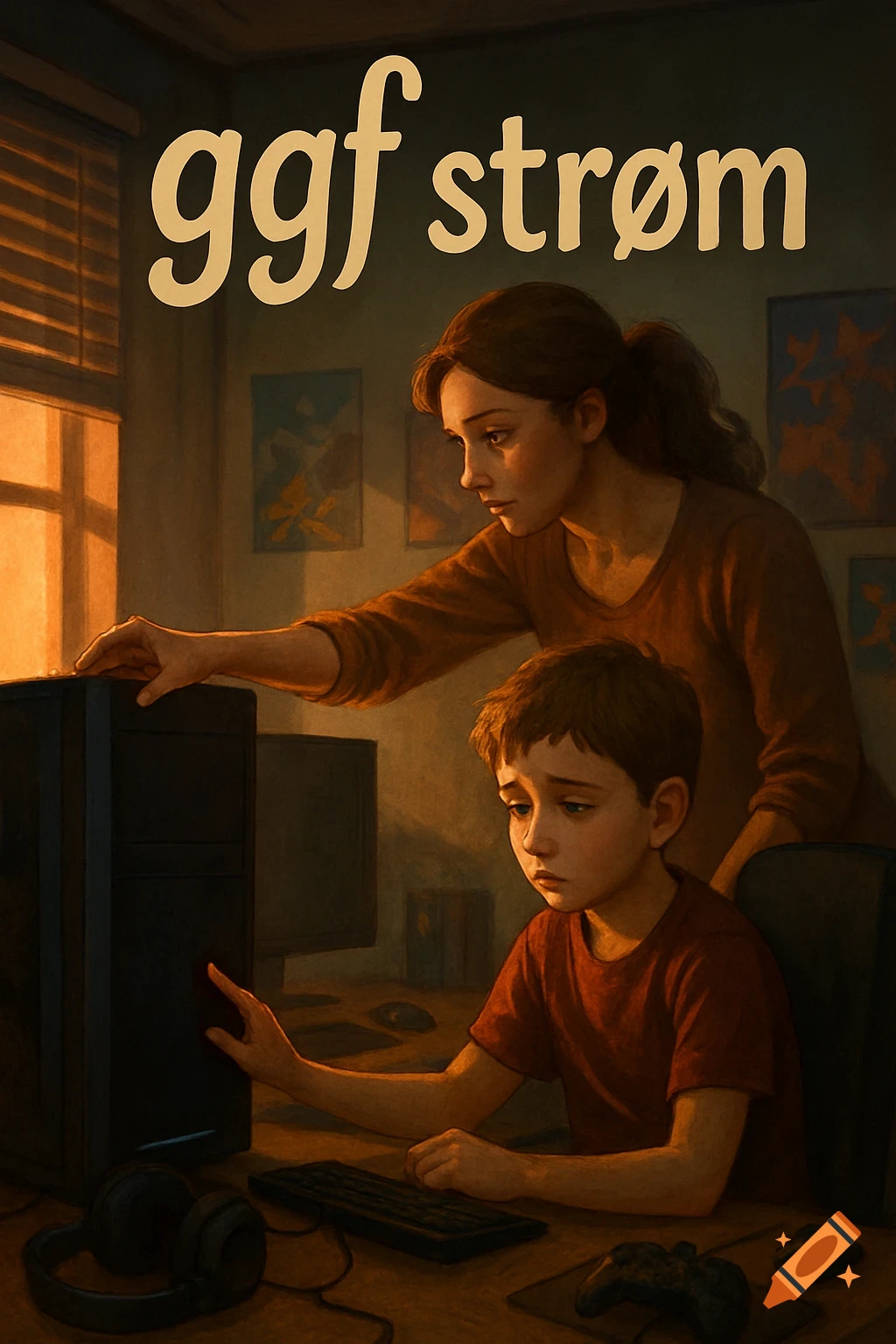 A digital painting shows a mother turning off a computer while her sad child looks on. Text 'ggf strøm' is at the top.