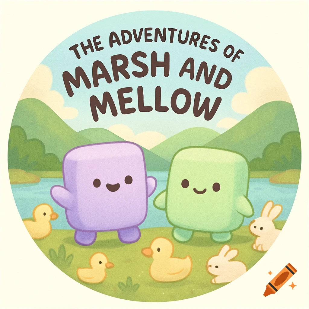 A cute digital art illustration of two marshmallow characters, Marsh and Mellow, with marshmallow ducks and rabbits by a lake and mountains, with the title "The Adventures of Marsh and Mellow".