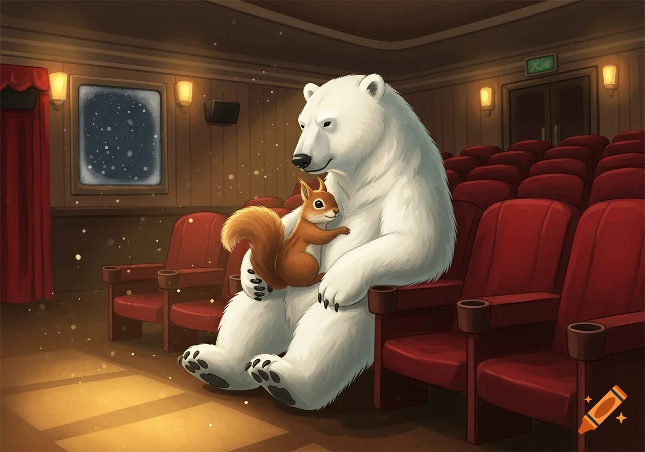 A friendly polar bear and a squirrel sit together in a cozy cinema, watching a movie. Cartoon style.
