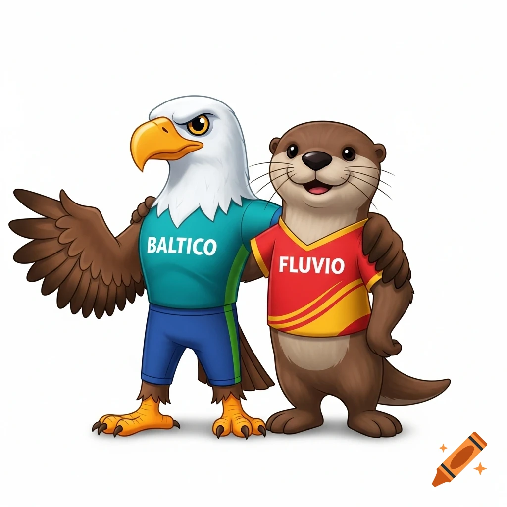 A friendly cartoon sea eagle mascot wearing a blue-green shirt with "BALTICO" and an otter mascot in a red-and-gold shirt with "FLUVIO" stand together on a white background.