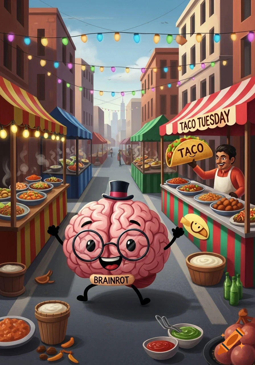 A cheerful cartoon brain in a top hat and glasses stands in a vibrant street market with food stalls and string lights, as a vendor holds a giant taco.