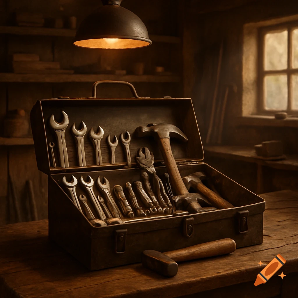 An open antique metal toolbox filled with various wrenches, hammers, and pliers sits on a wooden workbench under a warm lamp in a rustic workshop.