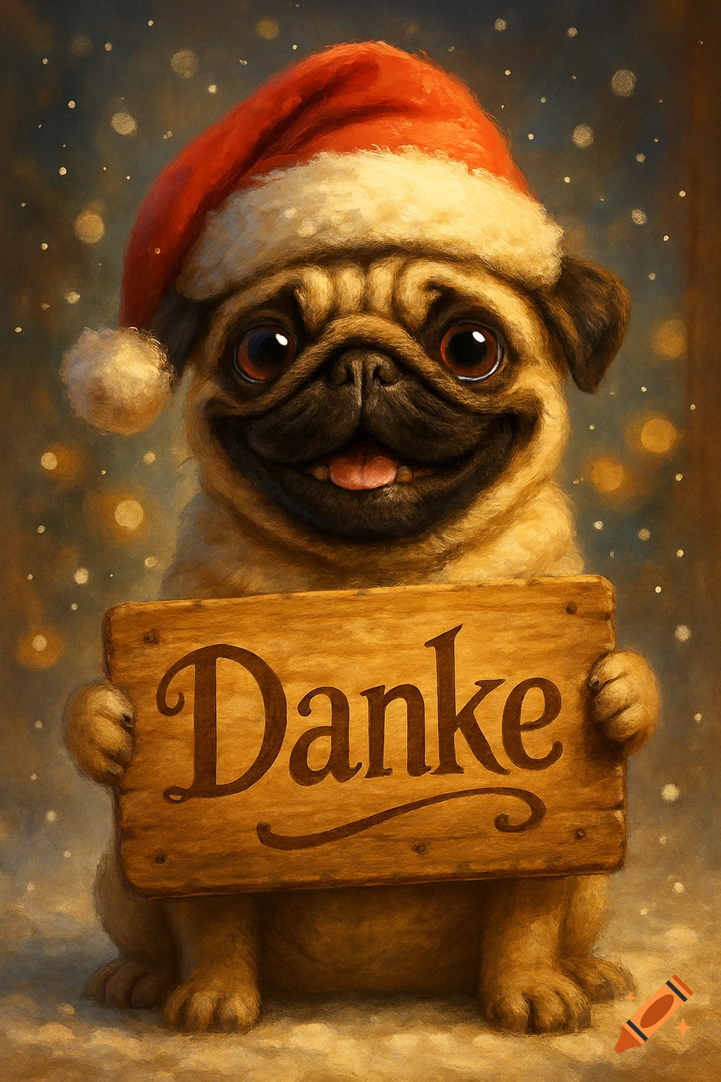 A smiling pug in a red Santa hat holds a wooden sign that says "Danke" in a painterly style, with a snowy, bokeh-filled background.