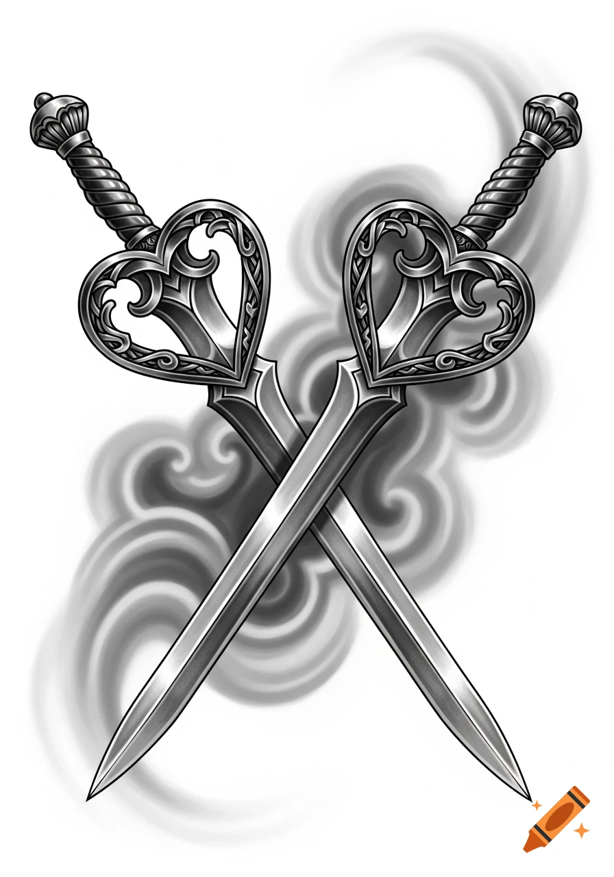 Two stylized silver swords with heart-shaped guards crossed in front of a smoky gray background.
