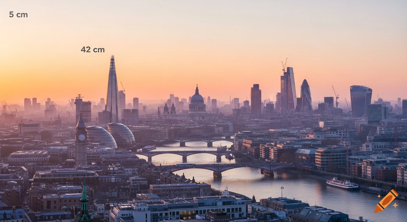 A panoramic view of the London skyline at sunrise, with iconic buildings like The Shard, St. Paul's Cathedral, and Big Ben visible along the River Thames. The sky transitions from orange to light blue.