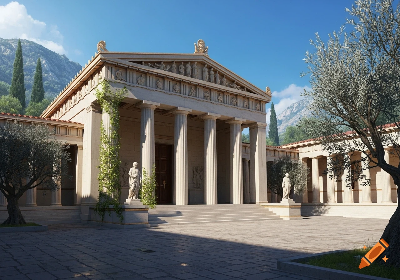 A grand ancient Greek academy with Ionic columns, statues, and climbing ivy, under a clear blue sky with mountains and olive trees.