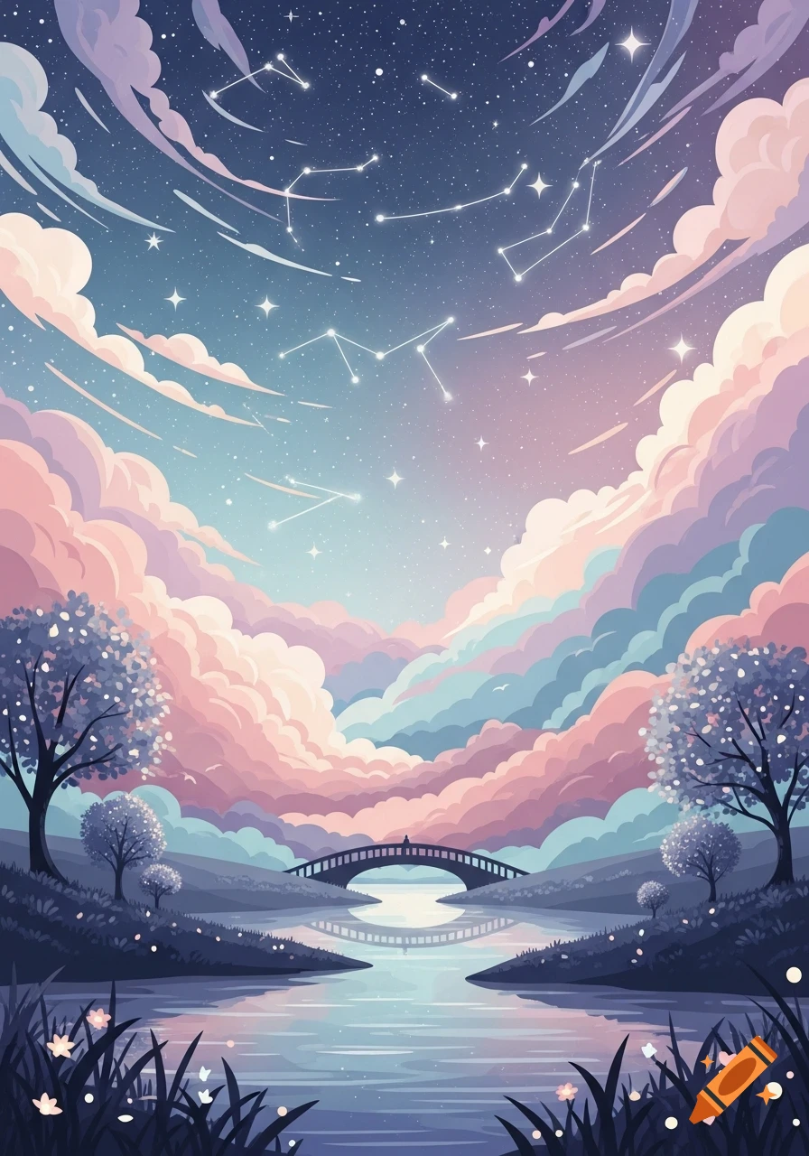 A dreamy, stylized landscape featuring a river, a bridge, and trees under a pastel-colored, star-filled night sky with constellations.