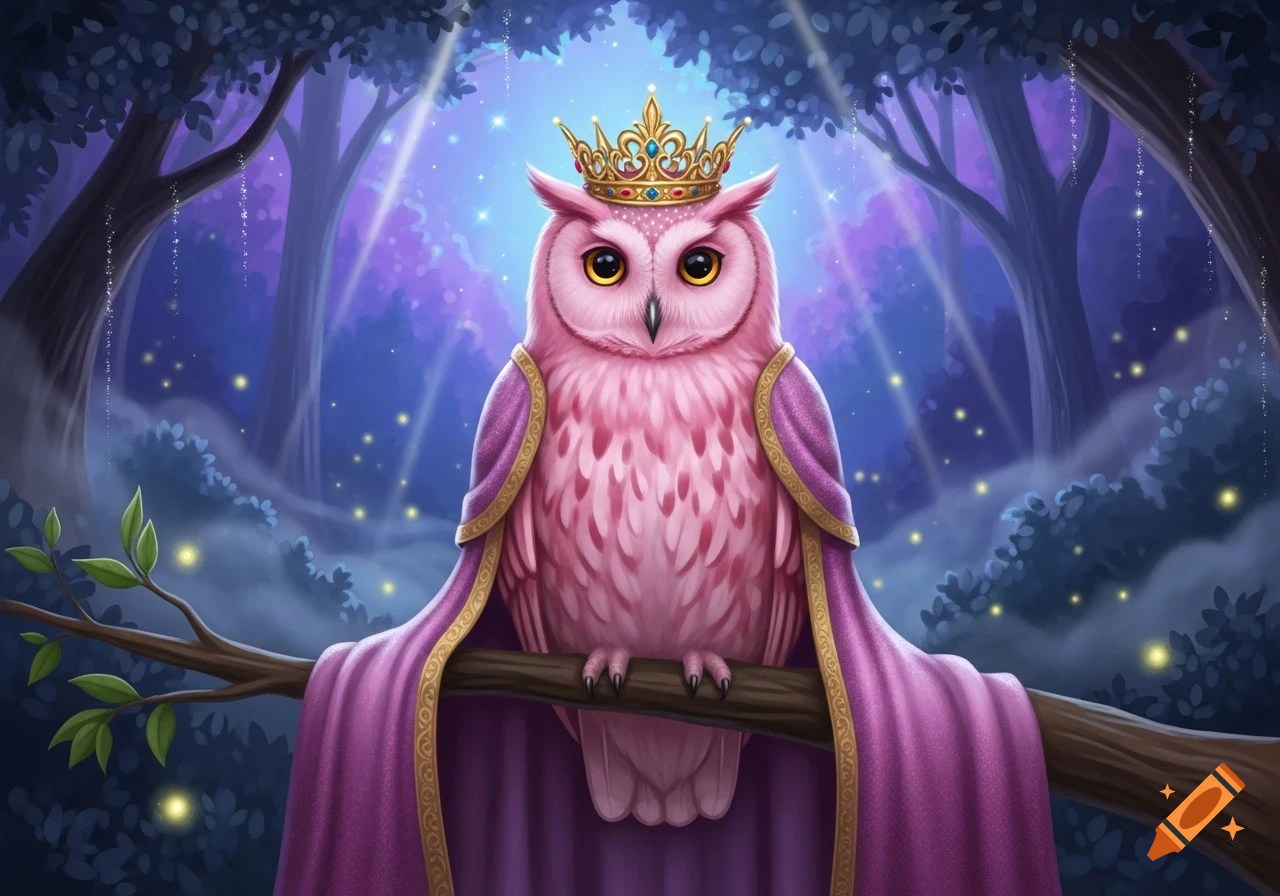 A majestic pink owl with a golden crown and purple regal shawl sits on a branch in a magical, glowing purple forest.