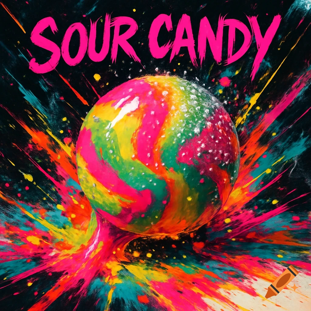 Vibrant album cover for 'SOUR CANDY' featuring a colorful, striped candy sphere exploding with neon paint splatters.