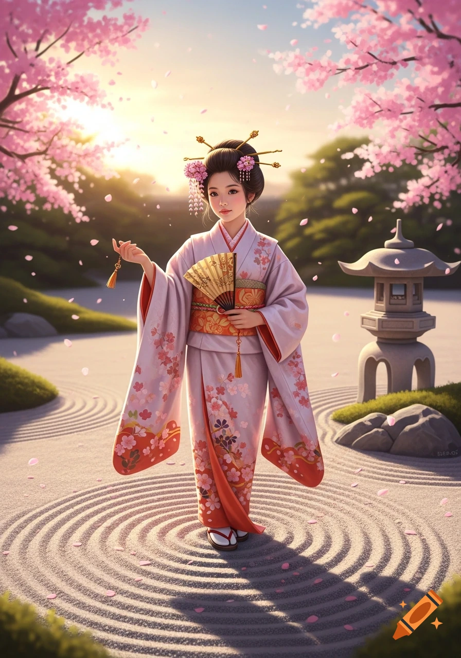 Anime Japanese girl in a kimono holding a fan in a serene cherry blossom garden at sunset.