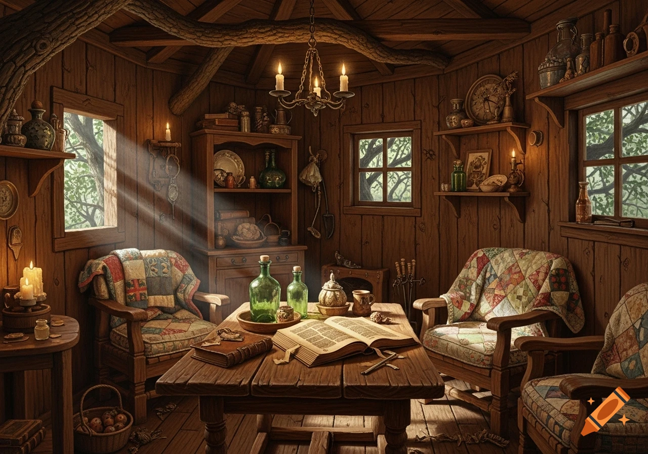 A cozy, rustic treehouse interior with wooden walls, patchwork armchairs, a table with an open book, bottles, and candles, bathed in sunlight.