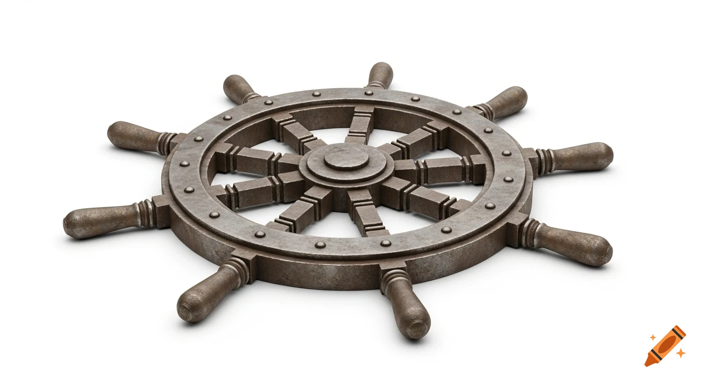 A detailed, weathered metal ship's wheel on a plain white background, rendered in a 3D style.