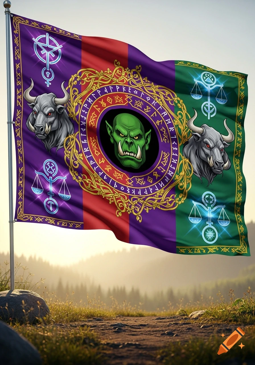 A fantasy flag featuring an orc head, two bull heads, and mystical symbols, waving above a grassy field at sunset.