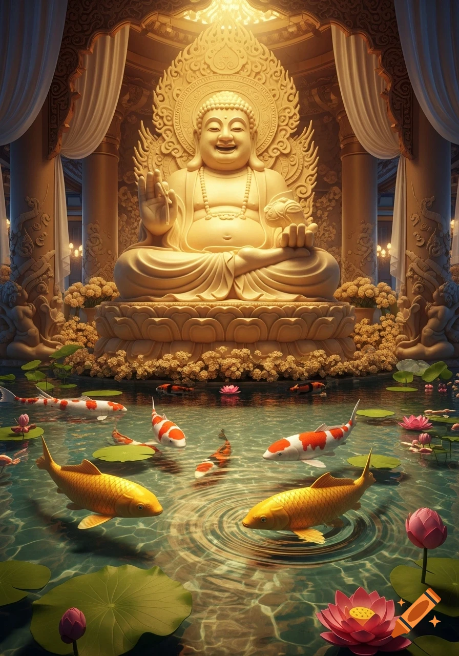 Golden smiling Buddha statue meditating above a pond filled with colorful koi fish and pink lotus flowers in a grand temple setting.