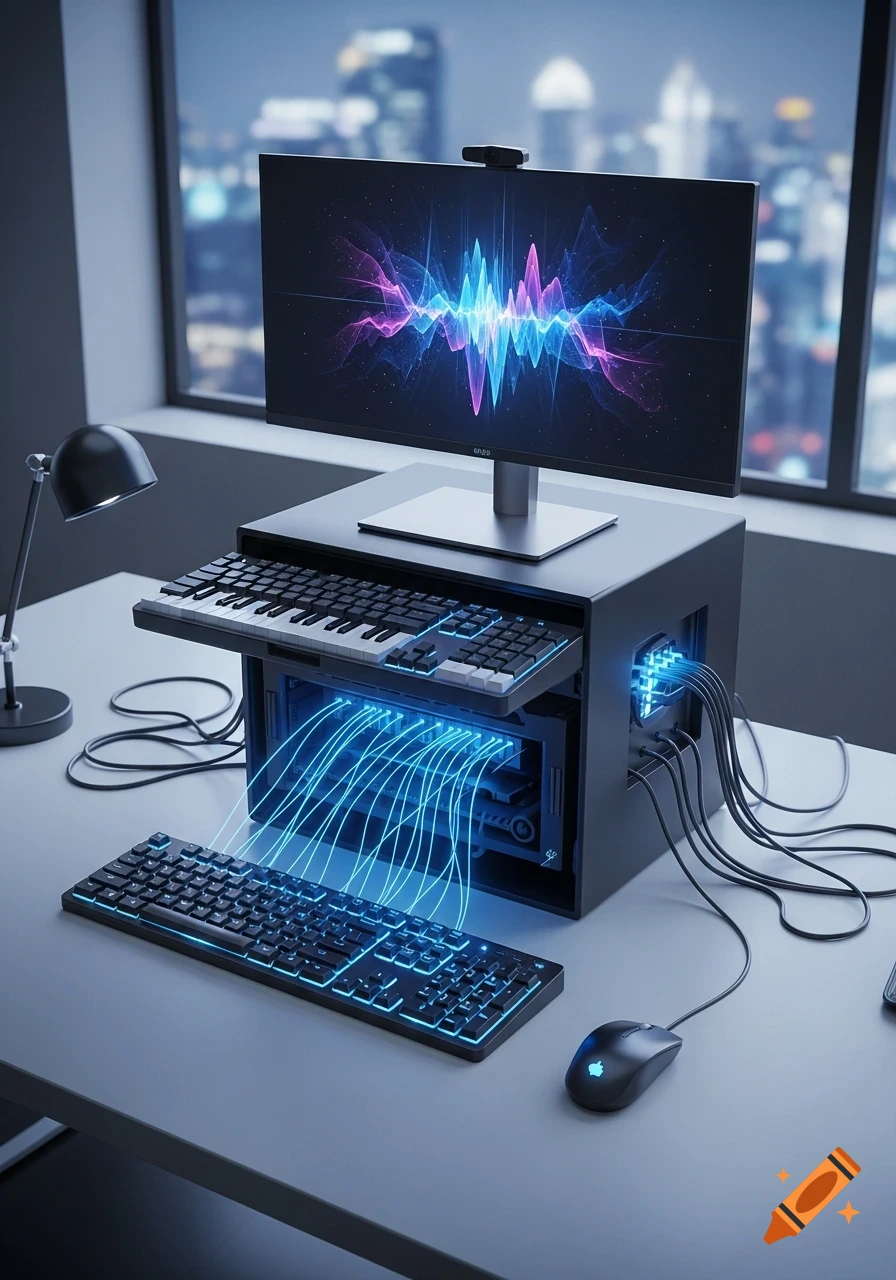 Photorealistic image of a futuristic computer setup with a monitor displaying sound waves, glowing cables, keyboards, and a mouse.