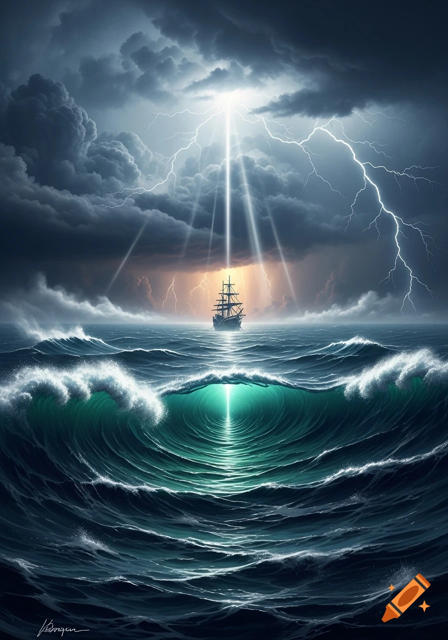 A tall ship sails through a tempestuous ocean under a dramatic, lightning-filled sky with sun rays breaking through.