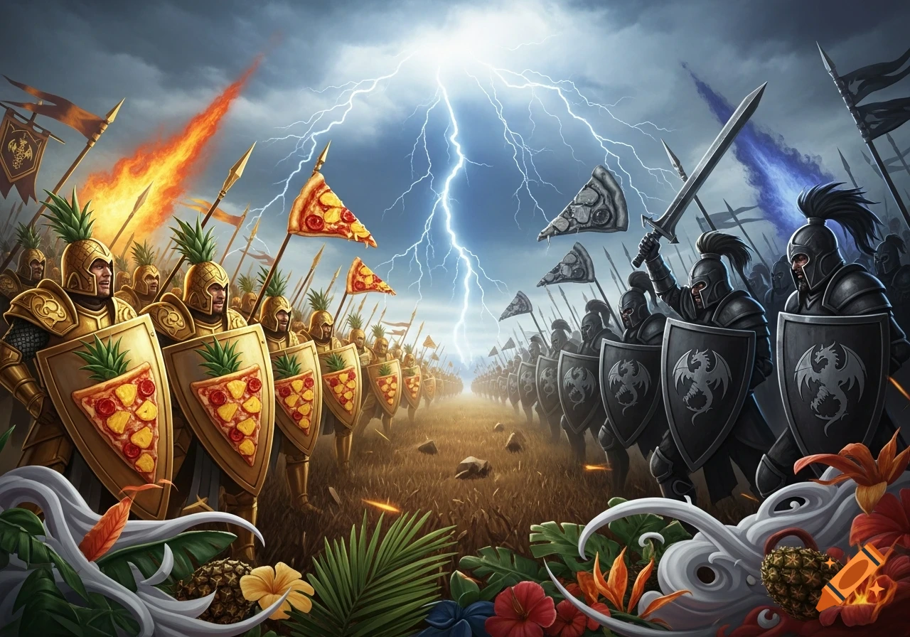 Fantasy battle: golden army with pineapple armor and pizza shields faces dark army with dragon shields and pizza flags under lightning.