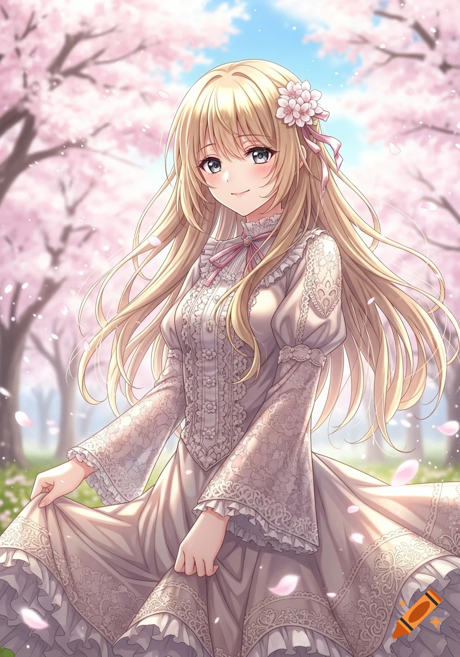 An anime girl with long blonde hair and a white lace dress smiles among pink cherry blossoms.