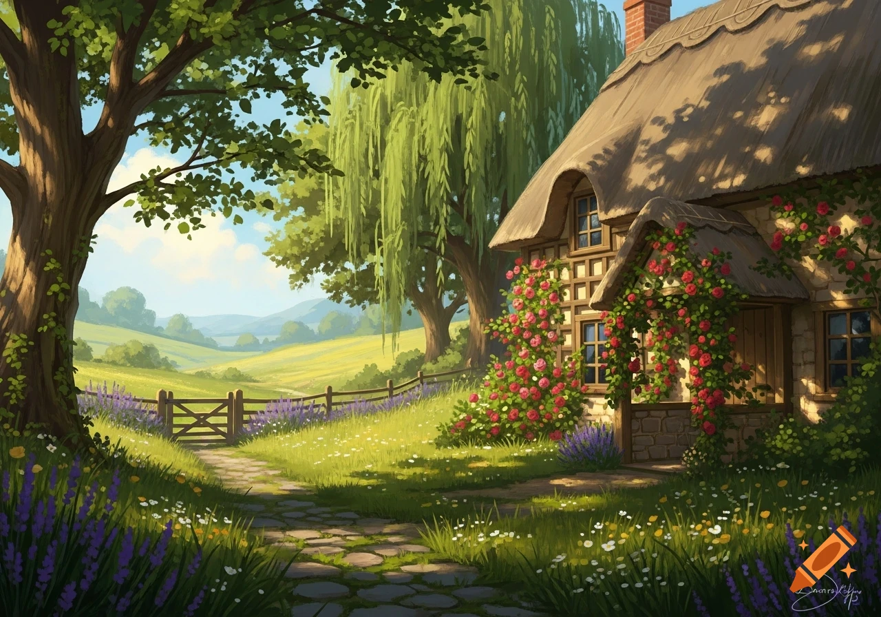 A vibrant painting of a quaint cottage covered in red roses, nestled in a lush green valley with a stone path and blooming lavender.
