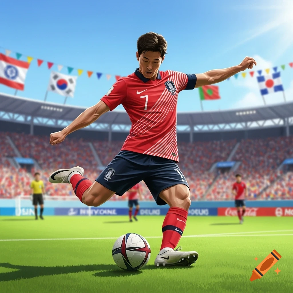 An illustration of a Korean soccer player in a red jersey with number 7 kicking a ball on a green field in a stadium.