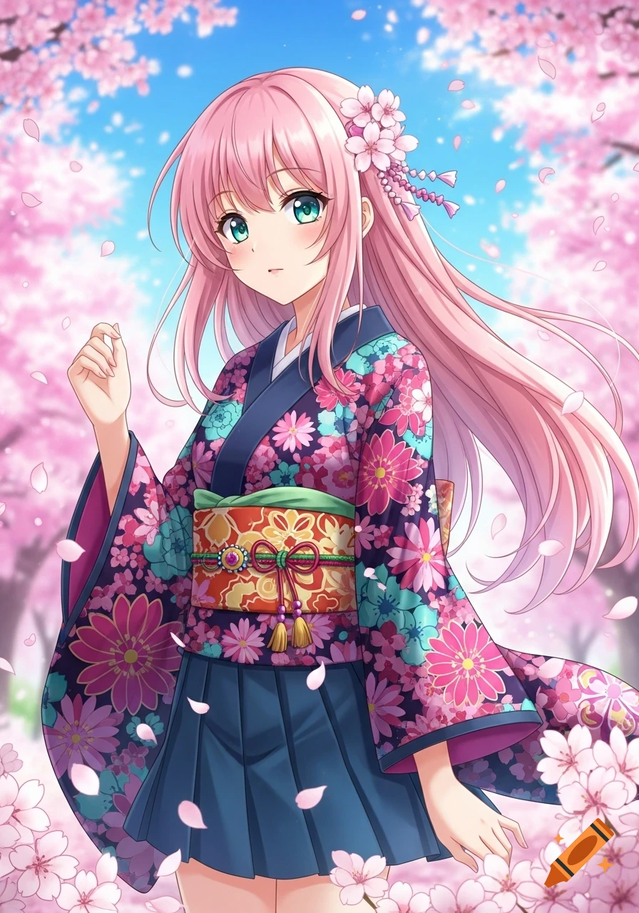 An anime girl with pink hair and green eyes wearing a floral kimono stands among falling cherry blossoms under a blue sky.