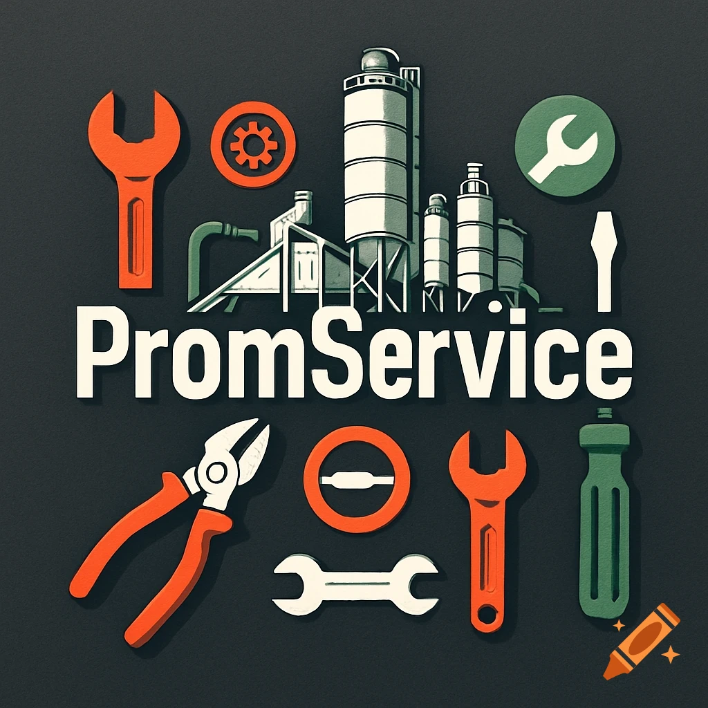 Stylized logo with 'PromService' text, factory buildings, and industrial tools like wrenches and pliers on a dark background.