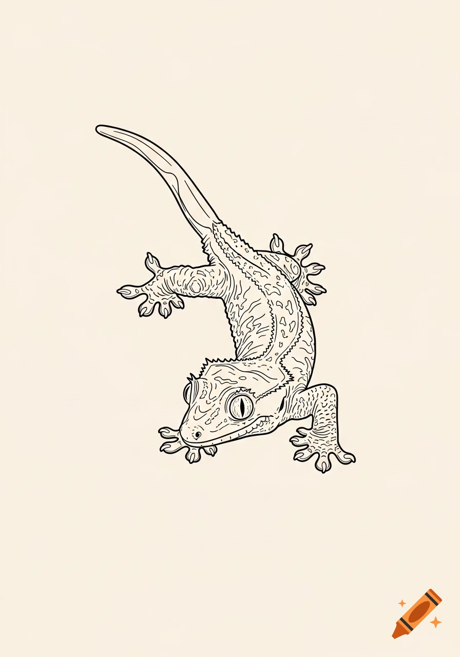 Line art drawing of a crested gecko on a plain light background.