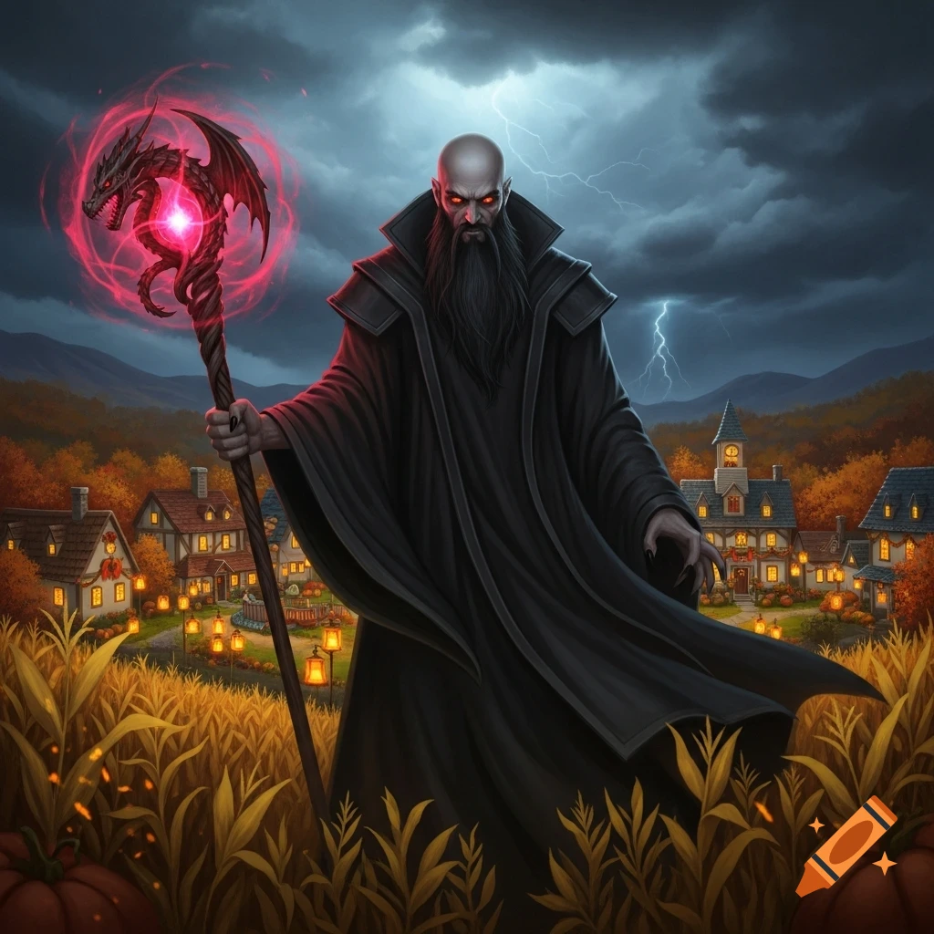 A bald, bearded evil wizard in a black cloak holds a glowing red dragon staff in a cornfield, with a festive village under a stormy, lightning-filled sky.