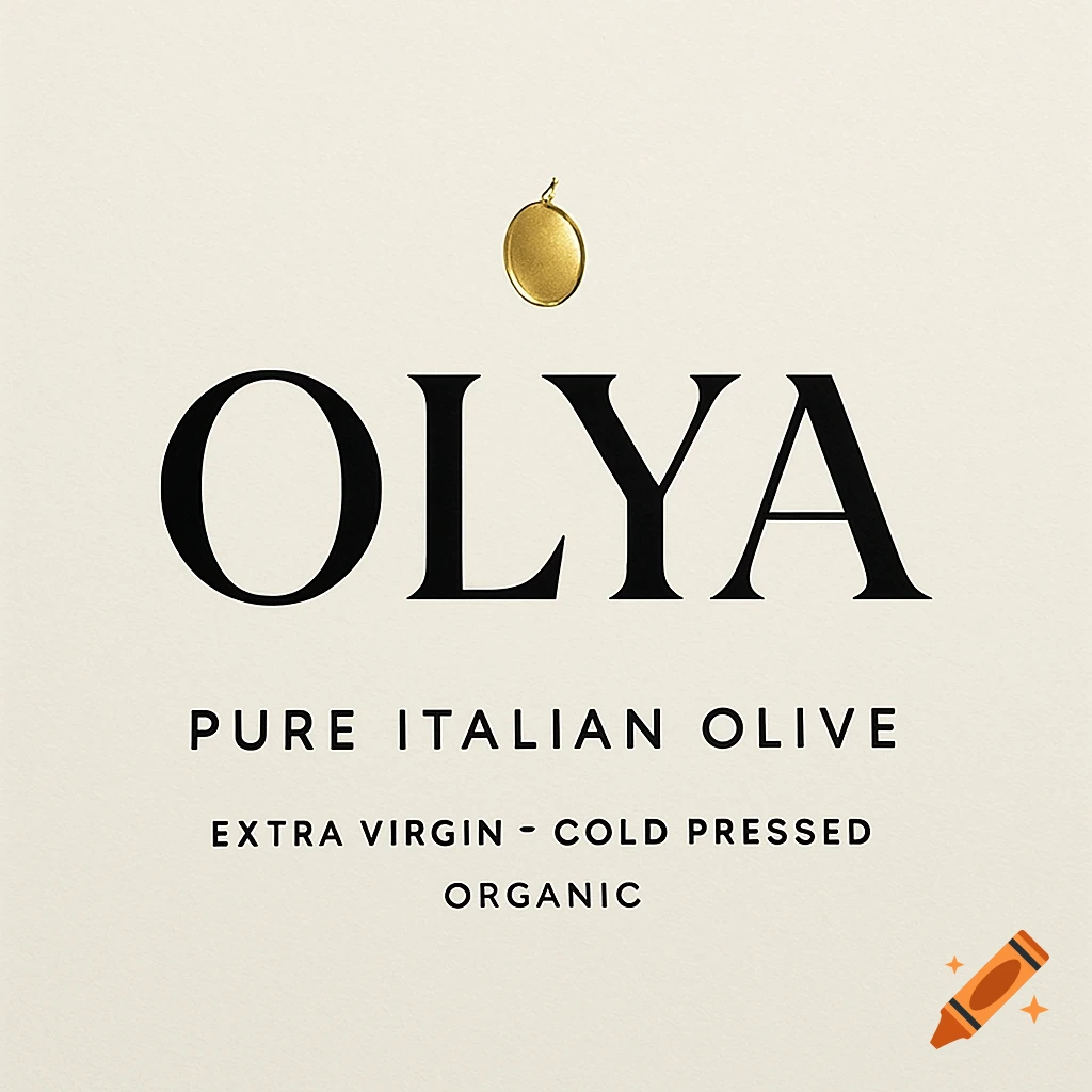 Minimalist OLYA Pure Italian Olive oil label on a cream background, featuring a gold charm and black serif text.